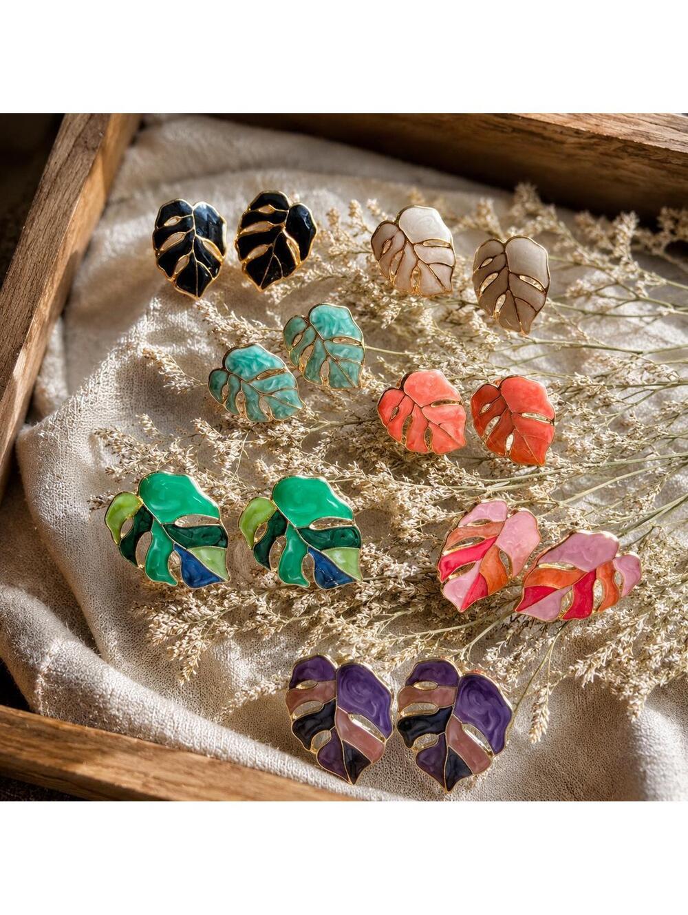 Tropical Plant Leaf Stud Earrings, Botanical Enamel Studs